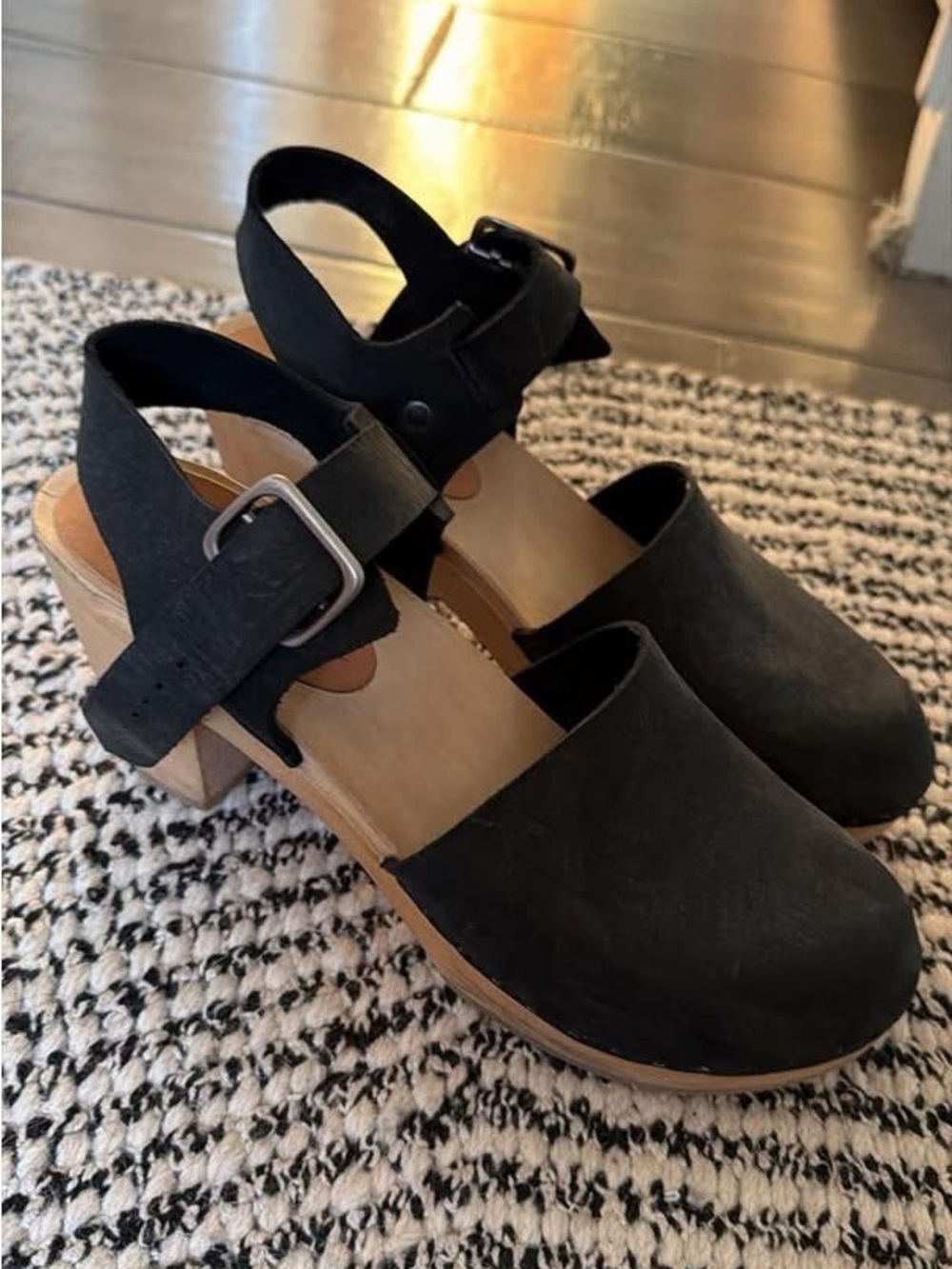 Bryr Black Suede Clog Mules with Wood-Look Heel